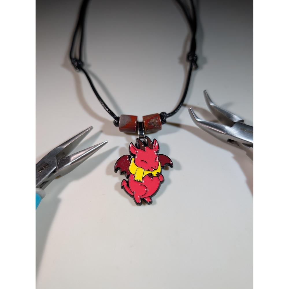 Handmade Red‎ Dragon Enamel Pin Necklace Adjustable Cord Jasper Beads